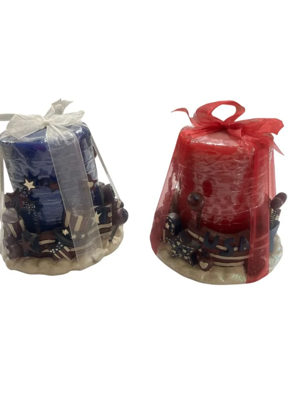 Patriotic Red & Blue Decorative Candles With Star & Flag Accents Wrapped In Shee